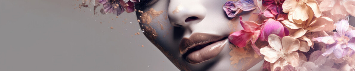 Fototapeta premium Female lips with a bouquet of flowers on a light pastel background.