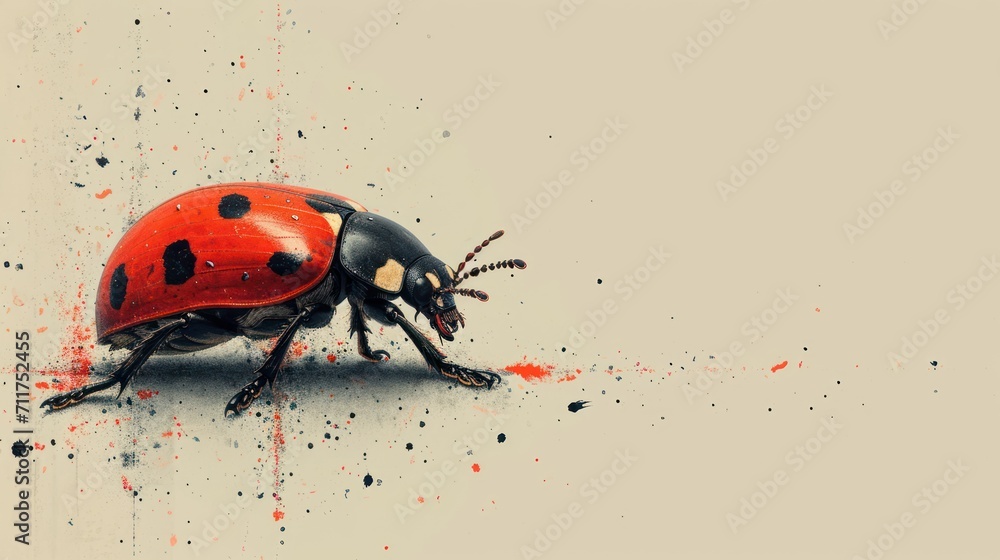 Poster a close up of a ladybug on a white surface with red and black splats on it.