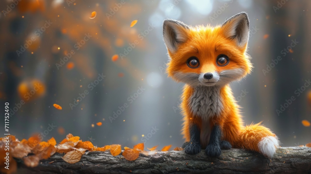 Poster a red fox sitting on top of a tree branch in a forest filled with leaves and falling from the sky.