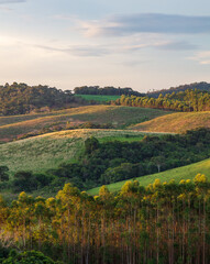 Landscape of the mountains of Minas Gerais during a late afternoon in the interior of the state. Farm environment that looks like Tuscany.