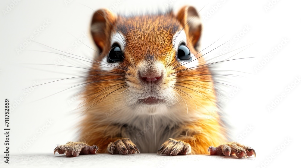 Poster a close up of a squirrel's face with one eye open and one paw on the ground with a white background.