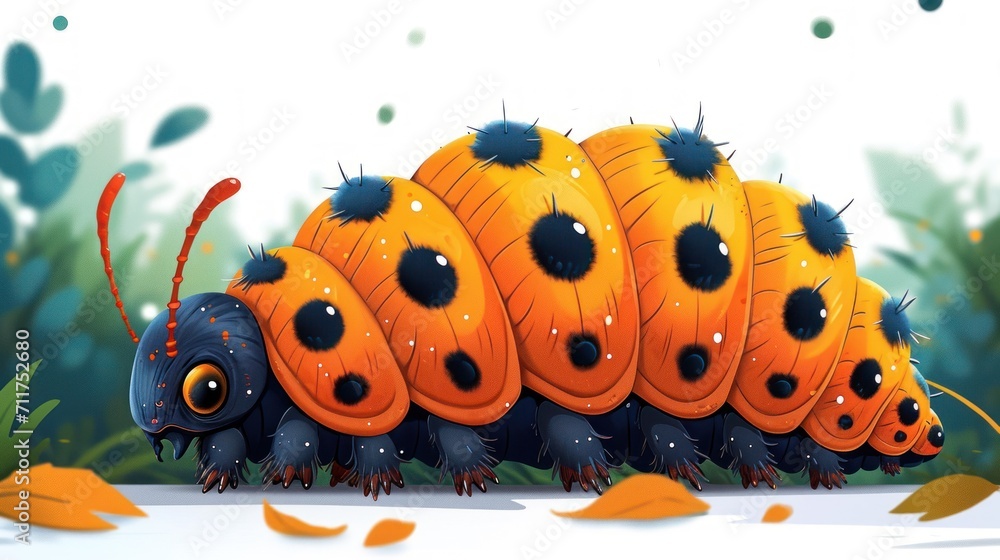 Poster an orange and black caterpillar sitting on top of a leaf covered ground with lots of leaves around i