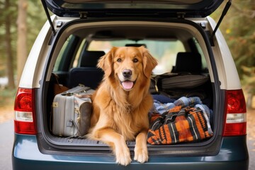 A dog sits calmly amidst luggage in the back of a car, ready for a journey, Golden retriever dog sitting in car trunk ready for a vacation trip, AI Generated