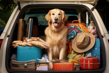 An adorable dog sits calmly amongst a load of luggage in the back of a car, eagerly anticipating the journey ahead, Golden retriever dog sitting in car trunk ready for a vacation trip, AI Generated