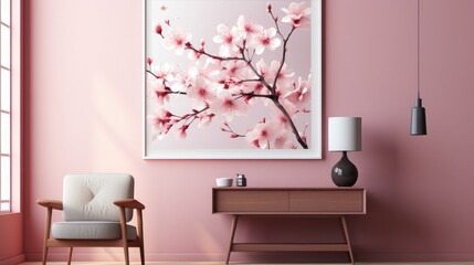 Realistic cherry blossom branch in spring with Watercolor pink sakura flower and leaves background