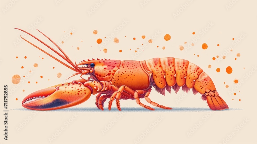 Poster a close up of a lobster on a white background with orange circles around the edges of the image and 