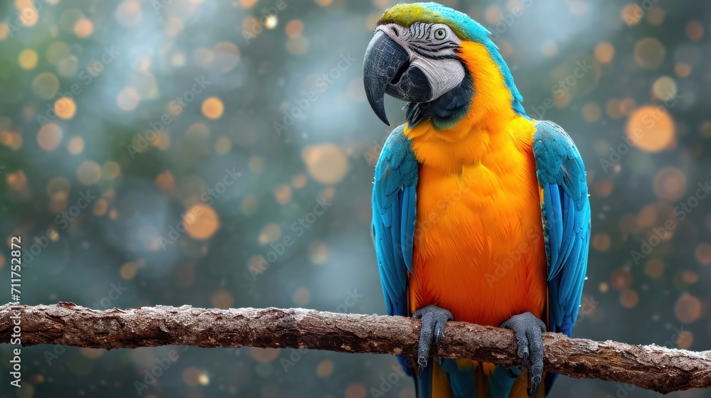 Poster a colorful parrot perched on top of a tree branch in front of a blurry background of raindrops.