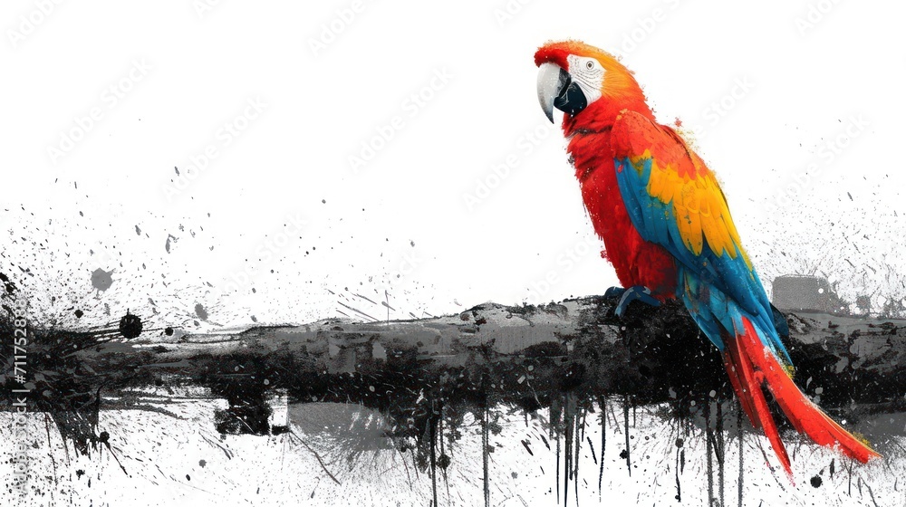 Aufkleber a colorful parrot sitting on top of a tree branch in front of a white and black background with spla