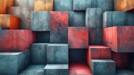 Abstract geometric concrete blocks with red accents. Ideal for modern design backgrounds or architectural visuals.