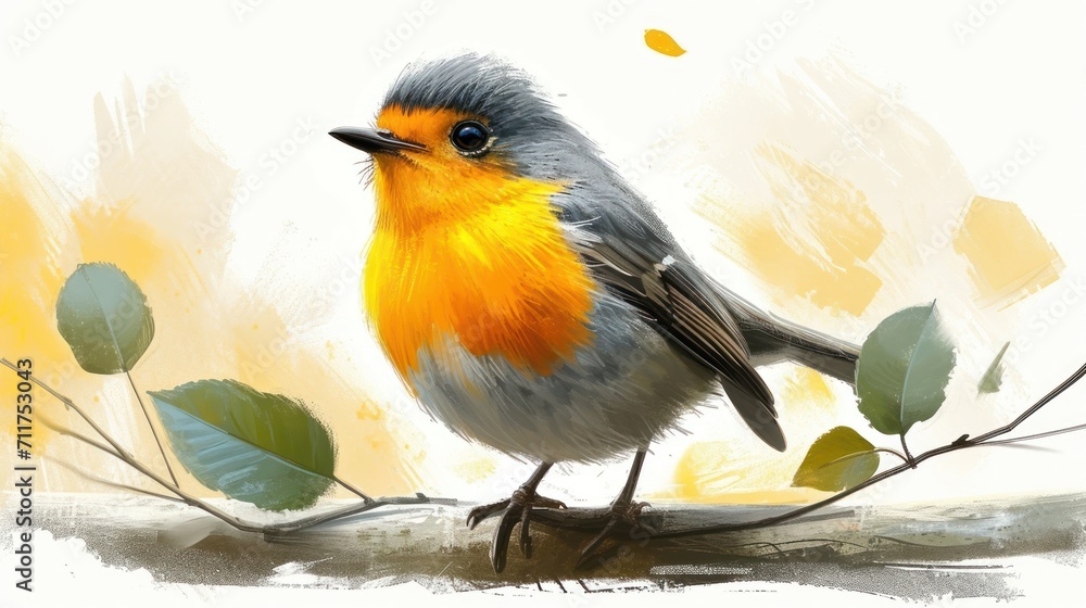 Poster a bird sitting on top of a tree branch next to a leafy branch with a yellow and gray bird sitting on