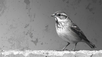  a black and white photo of a bird sitting on a ledge in front of a concrete wall and a cement wall behind it.