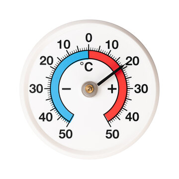 Spiral strip bimetallic thermometer, with degree graduation in Celsius. Temperature changes expand or decrease the two metal strips differently, creating a bending effect and the strip coils.