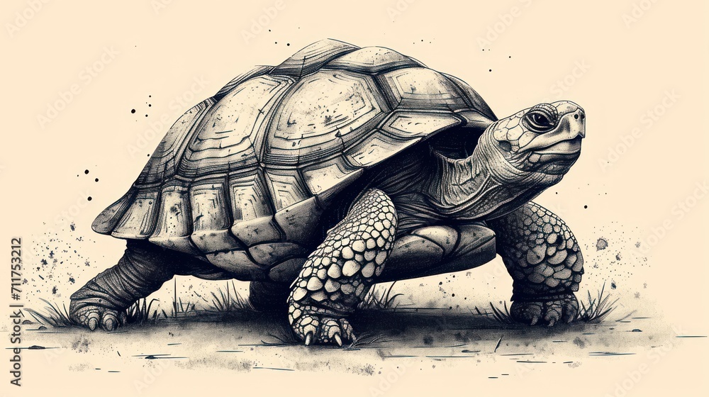 Poster a black and white drawing of a tortoise on a light colored background, with the image of a turtle in