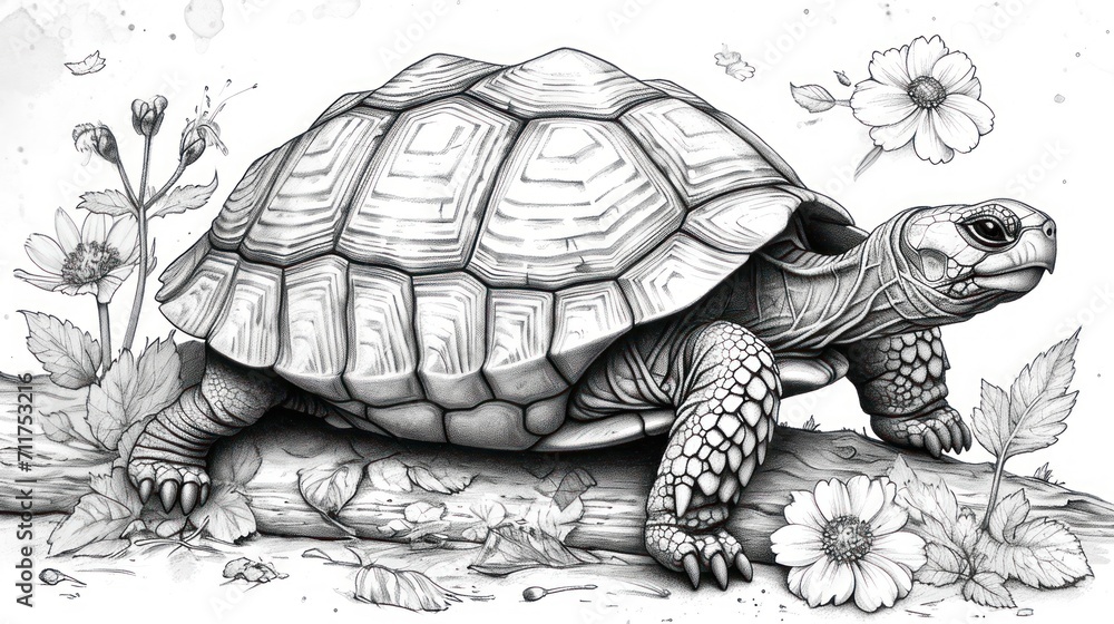 Poster a black and white drawing of a turtle sitting on a tree branch with flowers in the foreground and a 