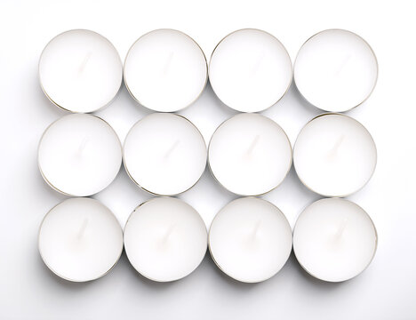 Group of tealights, candles in thin metal cups, so that the wax can liquefy completely while lit. Also known as tea-light, tea light, tea candle, or informally tea lite, t-lite or t-candle. Close-up.