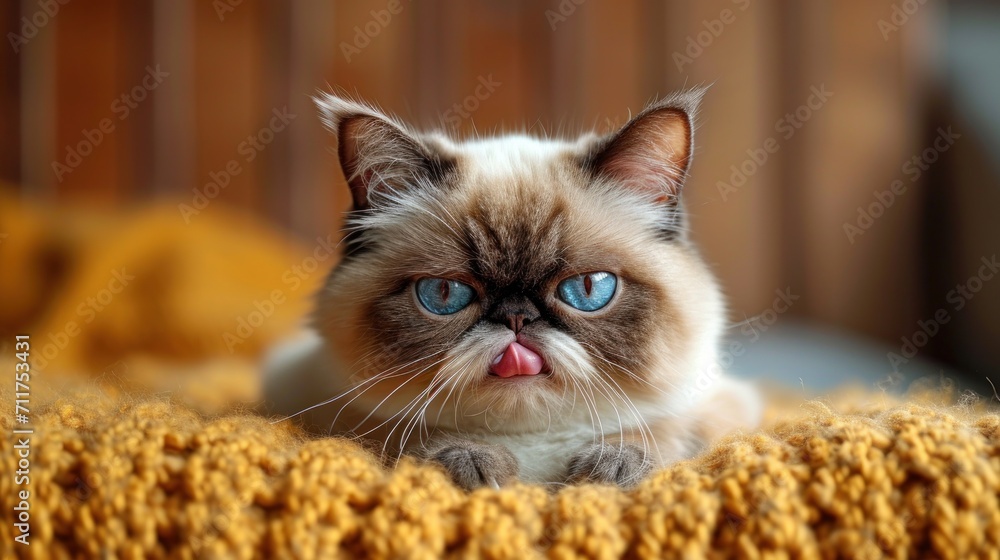 Poster a close up of a cat with a surprised look on it's face with a yellow blanket in the background.