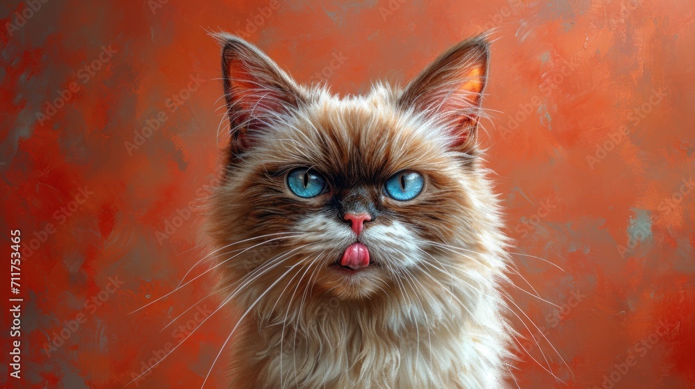Aufkleber a close up of a cat with a surprised look on it's face with a red wall in the background.