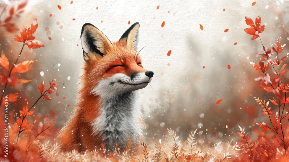Poster a painting of a fox with its eyes closed in a field of grass and trees with fall leaves in the backg