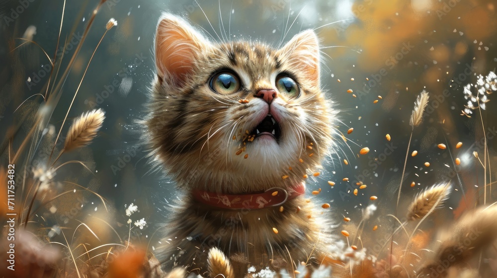 Poster a close up of a cat in a field of grass with its mouth open and it's eyes wide open.
