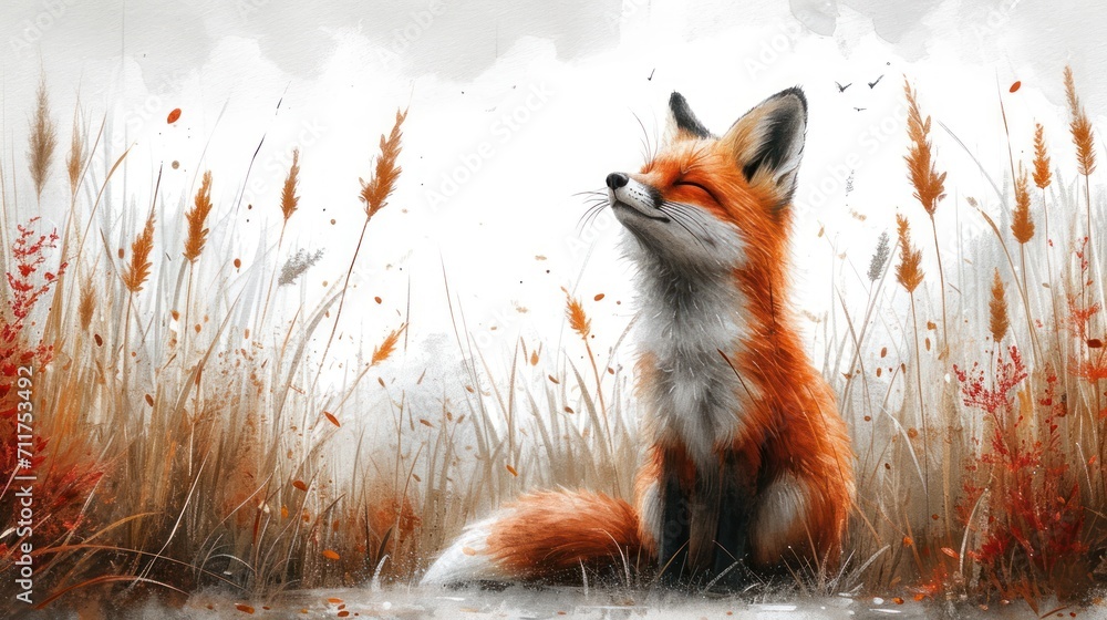 Poster a painting of a red fox sitting in a field of tall grass and looking up at something in the sky.