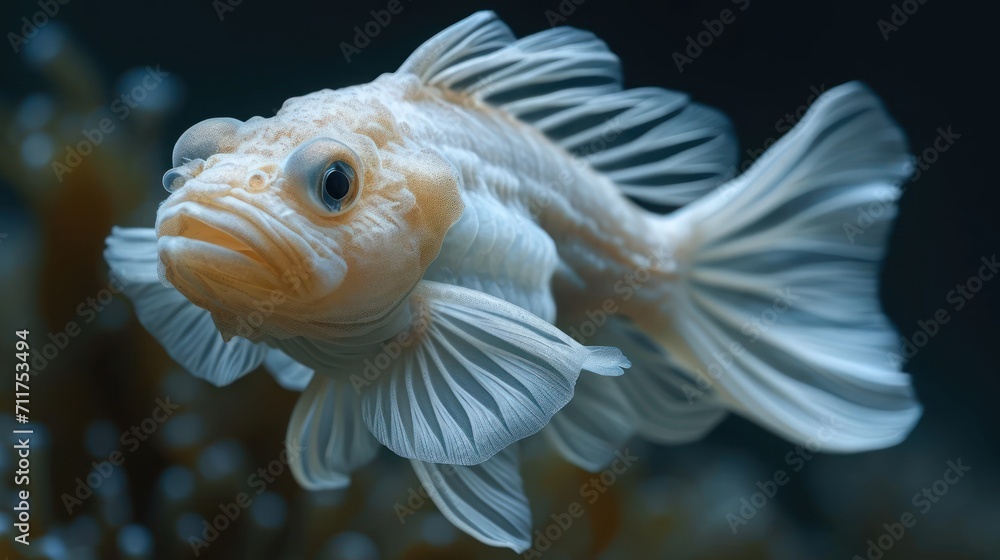 Poster a close up of a goldfish in an aquarium looking at the camera with an intense look on its face.