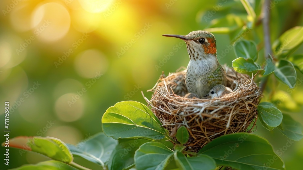 Poster a bird sitting in a nest on top of a leafy tree next to a green leafy tree branch.