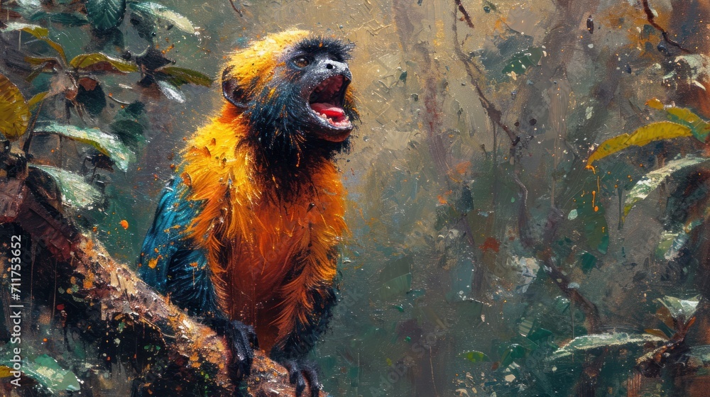 Poster a painting of a monkey sitting on a tree branch with its mouth open and mouth wide open with its mou