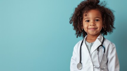 Adorable child in doctor coat with stethoscope, future career, healthcare concept, blue background. - obrazy, fototapety, plakaty