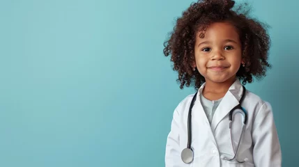 Poster Adorable child in doctor coat with stethoscope, future career, healthcare concept, blue background. © Tirawat
