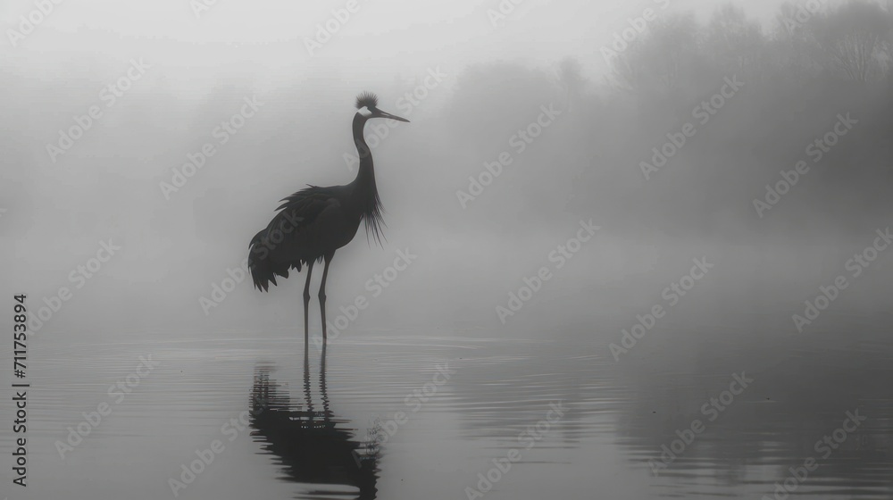 Poster a large bird standing in the middle of a body of water on a foggy day with trees in the background.