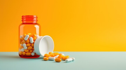 A vivid composition with an open bottle spilling out capsules, contrasted against a vibrant orange and teal background, emphasizing health and vitality.