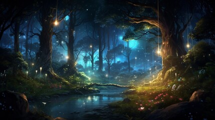 A mystical forest with glowing fireflies illuminating the trees under a starry night sky, evoking the enchanting ambiance of a nighttime woodland - Generative AI