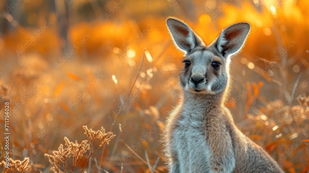 Poster a close up of a kangaroo in a field of tall grass with the sun shining through the trees in the back