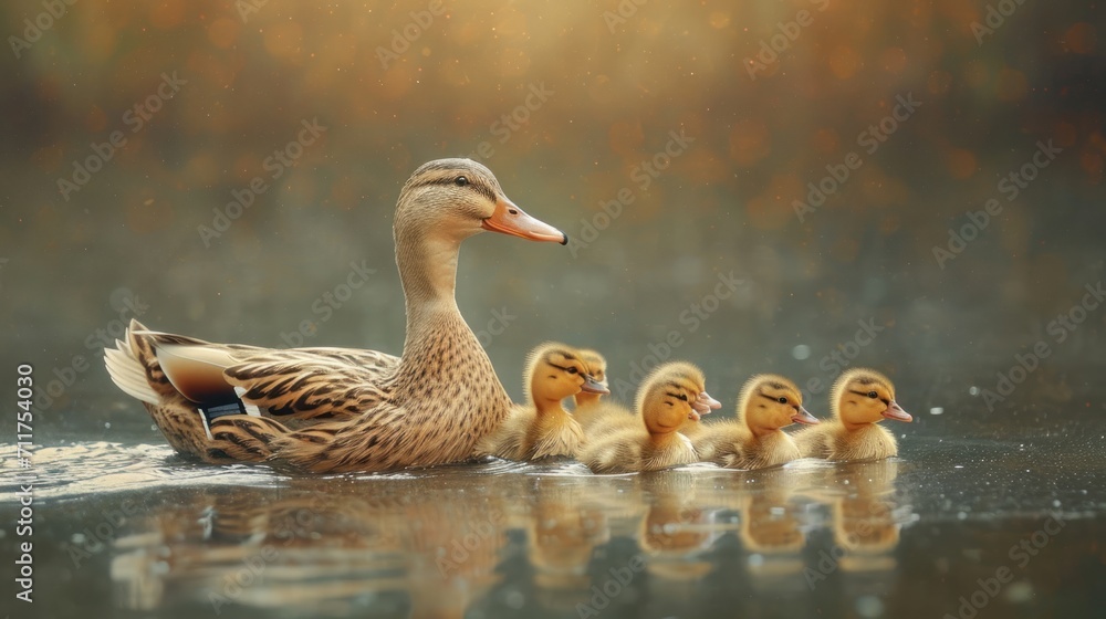 Poster a group of ducks floating on top of a lake next to a group of smaller ducks on top of a body of wate