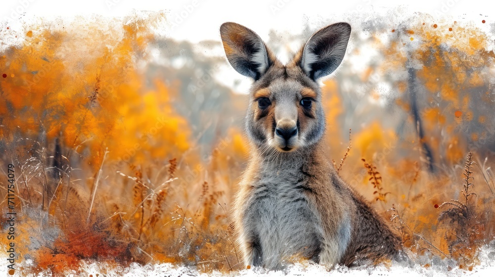 Poster a close up of a kangaroo in a field of tall grass with trees in the background and a sky in the back