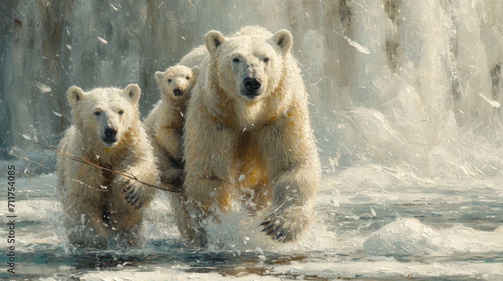 Poster a painting of three polar bears playing in a body of water with a tree branch in the foreground and 