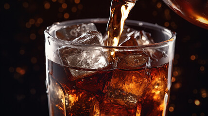 glass of cola with ice and cubes on a black background. - obrazy, fototapety, plakaty