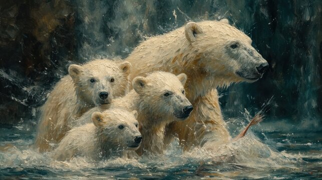  a painting of a group of polar bears swimming in a body of water with a stick in it's mouth.