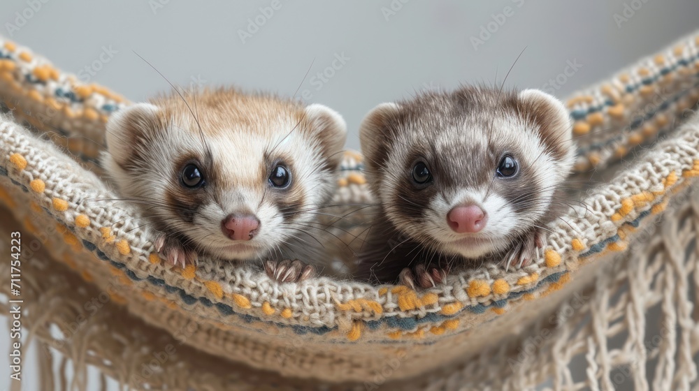 Poster two ferrets are sitting in a hammock with their eyes wide open and one is looking at the camera.