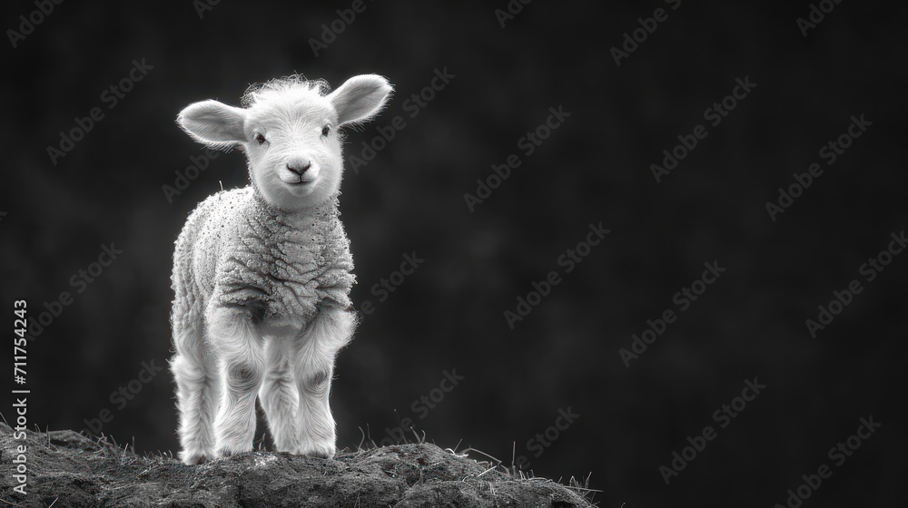 Wall mural a baby sheep standing on top of a pile of hay next to a black and white picture of a lamb.