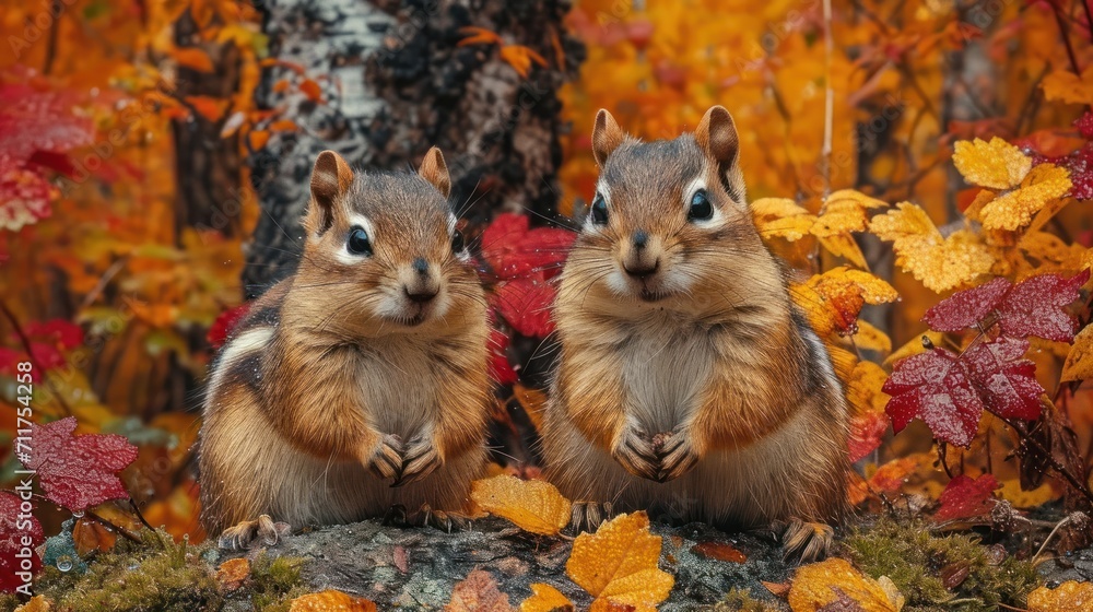 Poster a couple of squirrels standing next to each other in front of a forest filled with trees and orange 