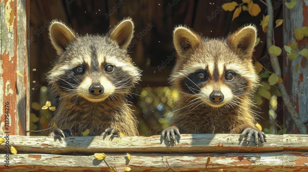 Poster a couple of raccoons standing next to each other on top of a window sill in front of a tree.