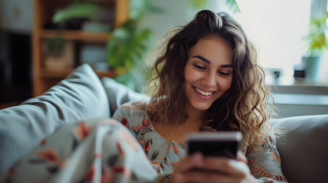 Smiling young beauty white woman at home relaxed texting using mobile phone, technology communication concept