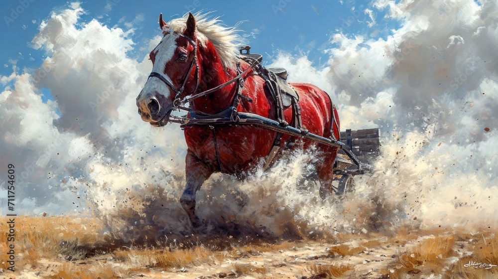 Aufkleber a painting of a horse pulling a buggy in the middle of a field with a cloudy sky in the background.