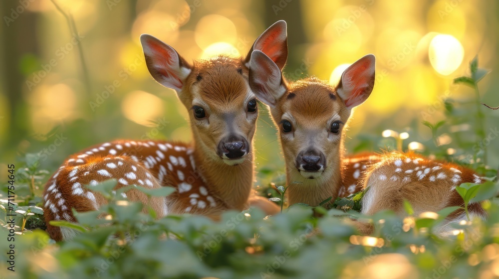 Poster a couple of deer standing next to each other on top of a lush green field with trees in the backgrou