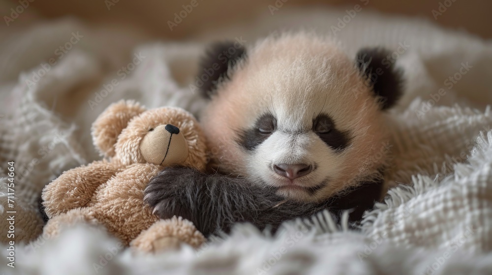 Wall mural a small panda bear laying on top of a blanket next to a stuffed bear on top of a blanket.