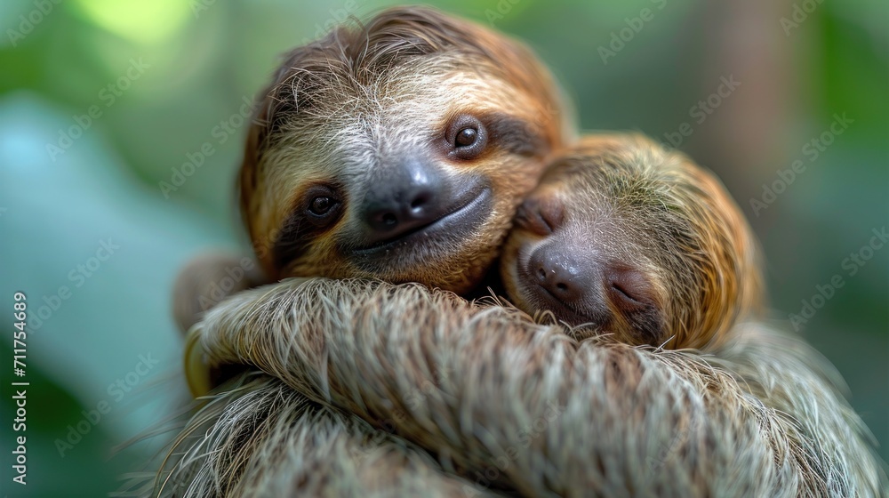 Poster a close up of a two - toed sloth holding on to another sloth's back and smiling.