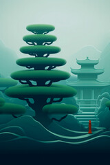 Serene Asian landscape illustration with towering trees, traditional pagoda, and tranquil ambiance. Ideal for cultural themes.