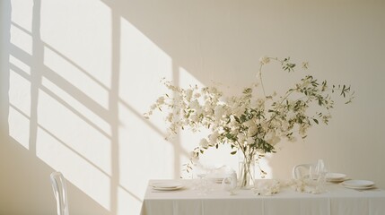 A delicate floral arrangement on a dining table, bathed in the natural light casting soft shadows, evoking a sense of ethereal beauty and purity.