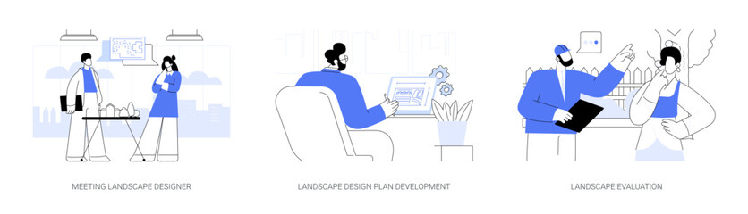 Landscape design in private house construction abstract concept vector illustrations.